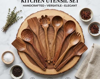 Handgemachtes Naturholz Küchenutensilien Set | Umweltfreundliche Kochlöffel, Pfannenwender, Schöpfkelle