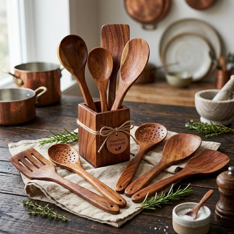 K&ouml;nnte beinhalten: Eine Sammlung von K&uuml;chenutensilien aus Holz, darunter L&ouml;ffel, Spatel und Sch&ouml;pfl&ouml;ffel, die in einem Holzhalter pr&auml;sentiert werden. Die Utensilien sind auf einem Leinentuch angeordnet, mit Kupferkesseln und Tellern im Hintergrund. Der Halter hat ein Etikett mit der Aufschrift "Sheesham Botanicals".