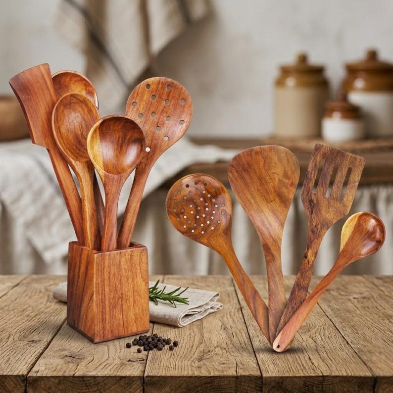 K&ouml;nnte beinhalten: Eine Sammlung von K&uuml;chenutensilien aus Holz, darunter L&ouml;ffel, Spatel und geschlitzte Werkzeuge, die auf einem Holztisch angeordnet sind. Die Utensilien haben eine warme, nat&uuml;rliche Holzmaserung. Ma&szlig;e in Zentimetern.