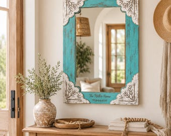 Espejo personalizado de madera de mango, espejo de tocador tallado en color verde azulado envejecido, decoración rústica para la entrada del hogar.