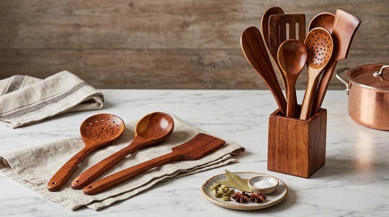K&ouml;nnte beinhalten: Eine Sammlung von K&uuml;chenutensilien aus Holz, darunter L&ouml;ffel und Spatel, die auf einer Marmoroberfl&auml;che pr&auml;sentiert werden. Die Utensilien haben eine warme braune Farbe und sind mit einem Kupfertopf und einem kleinen Teller mit Gew&uuml;rzen angeordnet.