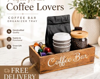 Personalized Rustic Wooden Coffee Bar Organizer Tray, K Cup Holder, Farmhouse Caddy