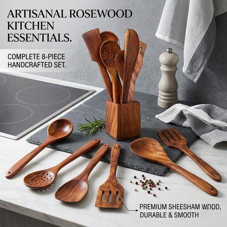 K&ouml;nnte beinhalten: Artisanales K&uuml;chenutensilien-Set aus Rosenholz. Das Bild zeigt ein komplettes, handgefertigtes 8-teiliges Set aus Holz-K&uuml;chenutensilien, darunter L&ouml;ffel, Spatel und geschlitzte Werkzeuge. Der Text lautet "Premium Sheesham Wood, Durable & Smooth".