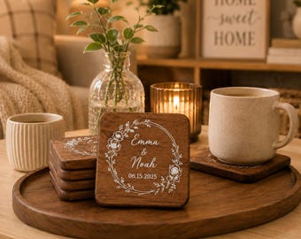 Personalized Hexagon Wooden Coaster Set with Holder | Monogrammed Housewarming Gift