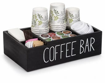 Black Wooden Coffee Bar Organizer Tray, Coffee Station Caddy, Pod Holder