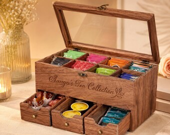 Wooden Tea Bag Organizer Box, Glass Lid Storage Chest, Kitchen Countertop Caddy