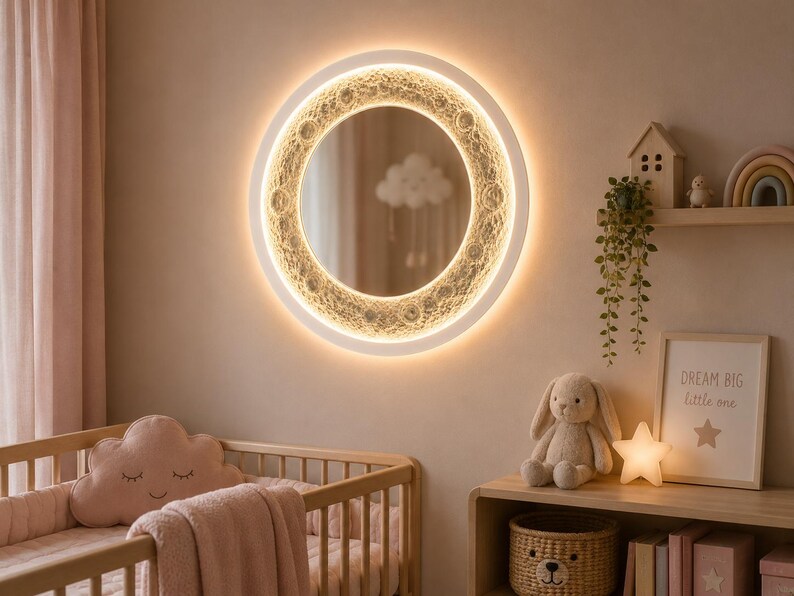 Large Moon Wall Mirror Lamp, LED Backlit Celestial Mirror, 3D Textured ...