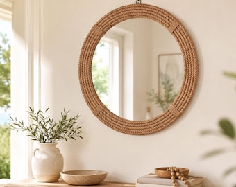 Round Jute Rope Mirror, Handmade Boho Coastal Farmhouse Entryway Decor