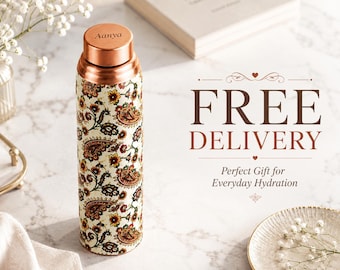 Personalized Copper Water Bottle, Floral Paisley Design, Engraved Lid Gift, Reusable Travel Bottle