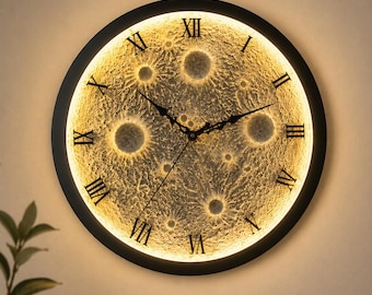 3D Moon Wall Clock, Warm LED Lunar Light, Roman Numeral Celestial Decor