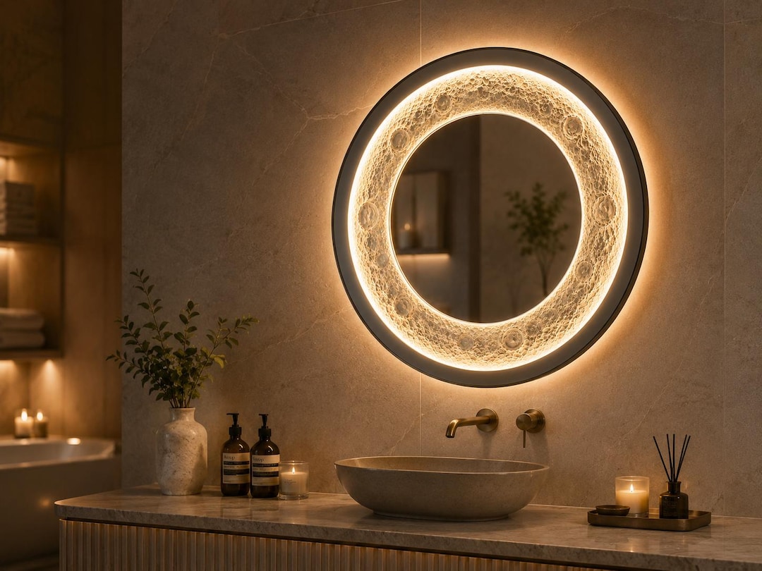 Large Moon Wall Mirror Lamp, LED Backlit Celestial Mirror, 3D Textured ...