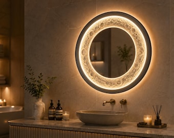 Große Mond Wandspiegellampe, LED-hinterleuchtete himmlische Spiegel, 3D strukturiertes Mondlicht, modernes Badezimmer Kosmetikspiegel, ästhetisches Raumdekor Geschenk