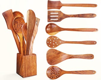Handgemachtes Naturholz Küchenutensilien Set | Umweltfreundliche Kochlöffel, Pfannenwender, Schöpfkelle