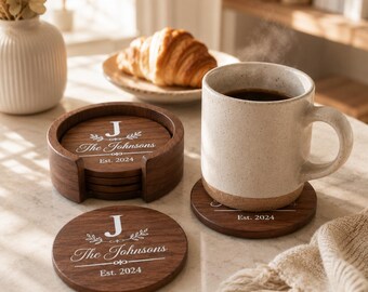 Personalized Wooden Coaster Set with Holder | Custom Engraved Monogram Coasters with White Resin | Housewarming, Wedding & Anniversary Gift