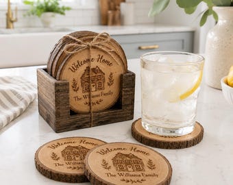 Personalized Wood Slice Coasters with Holder, Custom Housewarming Gift, Engraved Family Name Coasters Set