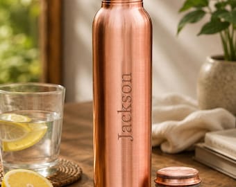 Gepersonaliseerde koperen waterfles 950 ml, aangepaste naam gegraveerde koperen fles, handgemaakte herbruikbare drinkfles, yoga-reizen wellnesscadeau