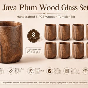 Puede incluir: Juego de vasos de madera de Java Plum. Un juego de ocho vasos de madera hechos a mano, cada uno con una veta de madera única. El tamaño aproximado de cada vaso es de 12,7 x 7,6 x 7,6 cm. Hecho de madera natural de Java Plum.