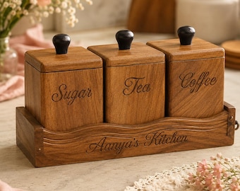 Personalized Wooden Tea Coffee Sugar Canister Set, Rustic Farmhouse Kitchen Storage Tray