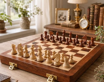 Gepersonaliseerde houten opvouwbare schaakset, magnetisch bord met stukken, cadeau voor hem