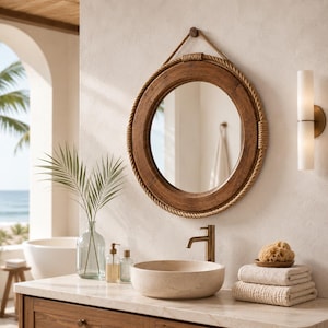 May include: A round wooden mirror with a rope border hangs above a stone sink in a bathroom. The mirror is framed in a dark wood and has a rope-wrapped edge. A faucet and soap dispensers are visible.