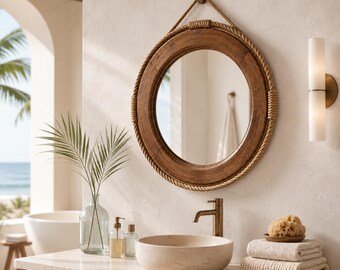 Handcrafted Wooden Rope Mirror, Coastal Round Vanity Accent, Natural Wood Nautical Decor