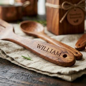 K&ouml;nnte beinhalten: K&uuml;chenutensilien aus Holz, darunter eine Gabel und ein L&ouml;ffel, sind mit dem Namen "WILLIAM" graviert. Die Utensilien sind aus dunklem Holz gefertigt und liegen auf einem beigen Leinentuch. Im Hintergrund befindet sich eine Holzkiste.