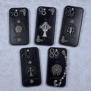Vintage CH Luxury Gothic Case Cross Leather Phone Case,Gothic Metal Silver Ornament Cover for iPhone 17 16 15 14 13 12 Pro Max MagSafe