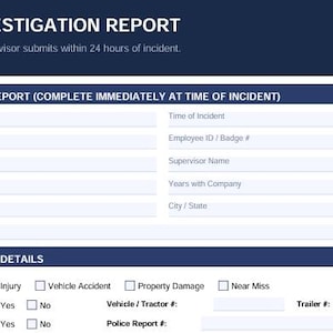 Op de afbeelding: Een wit en blauw incidentonderzoeksrapportformulier. Het formulier bevat secties voor initiële rapporten en incidentdetails, met velden voor datum, tijd, werknemersinformatie en incidenttype. De tekst "INCIDENT INVESTIGATION REPORT" staat bovenaan.