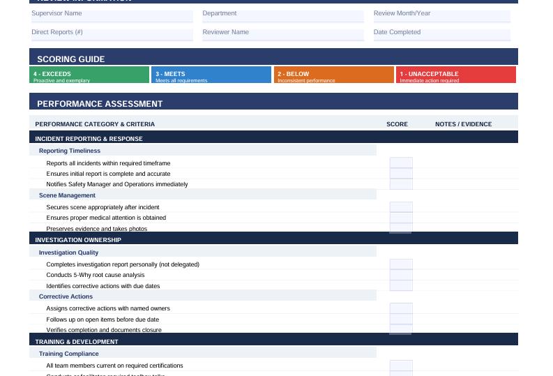 Accountability Scorecard Examples Supervisor Safety Scorecard Template | Monthly Review | Fillable PDF ...