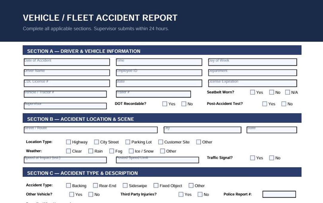 Vehicle Fleet Accident Report Template | Fillable PDF | DOT Trucking ...
