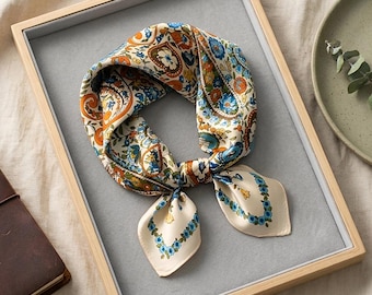 Mulberry Silk Scarf - Boho Floral Paisley Print, Lightweight Headscarf