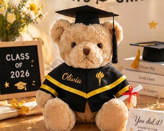 Urso de pelúcia personalizado para formatura, com nome e ano bordados, turma de 2026.