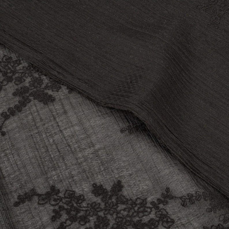 May include: A close-up shot of a black garment with a ribbed texture. The lower section has a sheer panel with detailed floral lace. The fabric looks soft and drapes, creating a contrast between the opaque and transparent areas.