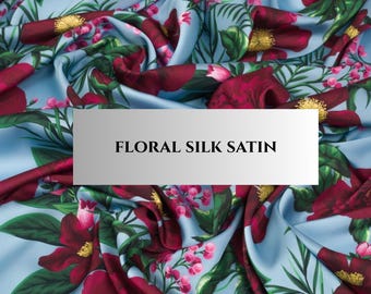 Silky Satin Fabric by the Yard, Premium Korean Armani Satin, Stretch Faux Silk for Dresses & Blouses, 145cm Wide, Flower Print