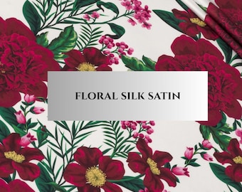 Silky Satin Fabric by the Yard, Premium Korean Armani Satin, Stretch Faux Silk for Dresses & Blouses, 145cm Wide, Flower Print