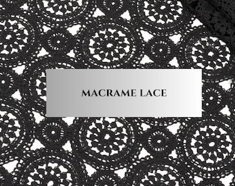 Black Macrame Lace Fabric, Luxury Boho, Dark Academia Textile, 120cm Wide