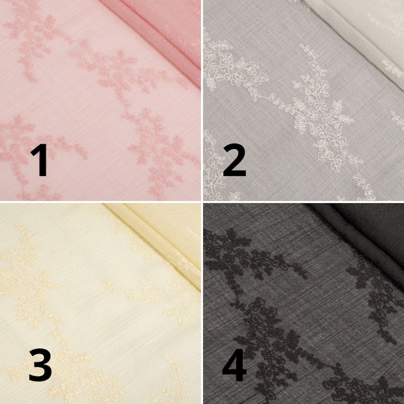 May include: Four fabric swatches in pink, grey, cream, and black, each with a floral lace design. The fabrics are folded, showing the texture and colour variations. The swatches are numbered 1 to 4.