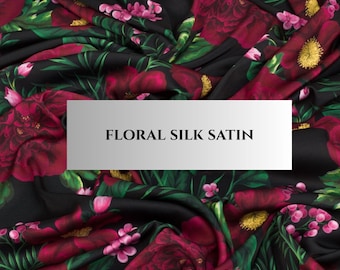 Silky Satin Fabric by the Yard, Premium Korean Armani Satin, Stretch Faux Silk for Dresses & Blouses, 145cm Wide, Flower Print
