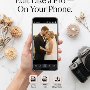 May include: A smartphone displaying a photo editing interface with a wedding couple, surrounded by dried flowers, a ring box, and a camera. Text reads: Edit Like a Pro — On Your Phone. DNG Files, XMP Files, Instant Download. 240+ Wedding Presets — Works on All Devices.