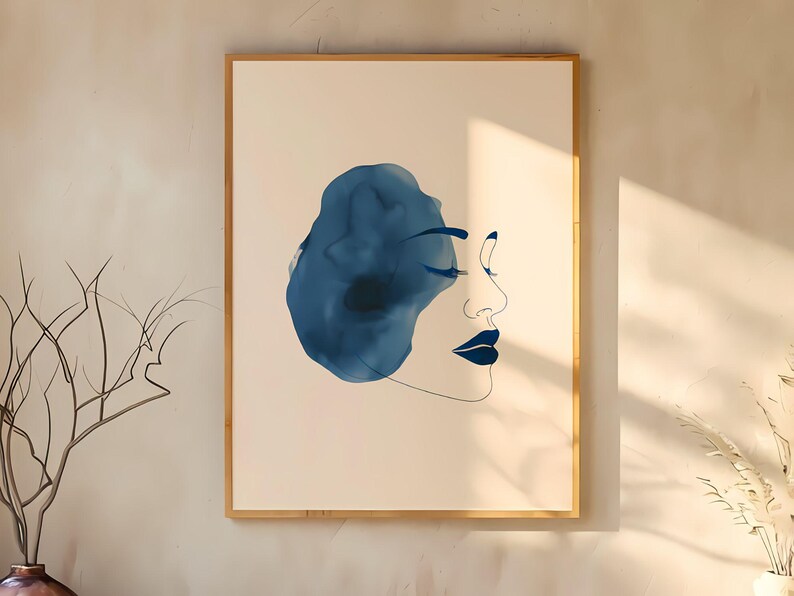 Blue Abstract Face Line Art Print, Minimalist Woman Portrait, Modern ...