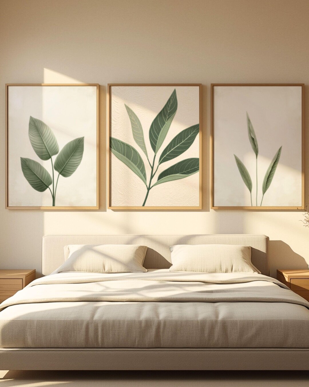 Sage Green Botanical Wall Art Set of 3, Minimalist Leaf Prints, Japandi ...