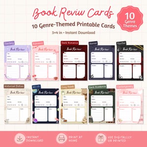 Puede incluir: Diez tarjetas de reseña de libros imprimibles de 7,62x10,16 cm con temas de género como Fantasía, Romance, Romance oscuro, Terror, Thriller, Ficción histórica, Ciencia ficción, Lecturas acogedoras, Dark Academia y Contemporáneo. Cada tarjeta incluye campos para título, autor, fechas, estrellas y notas.