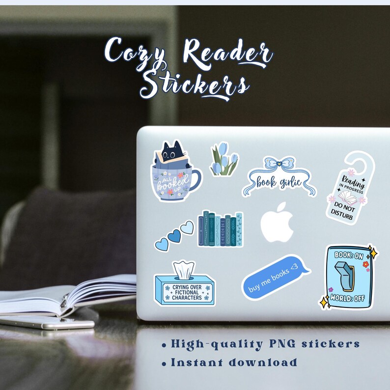 Blue Cozy Reading Stickers Printable | Book Lover PNG Sticker Pack ...