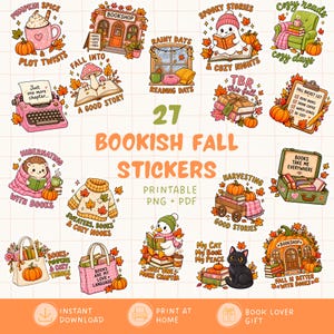 Puede incluir: Una colección de 27 pegatinas digitales con ilustraciones de temática otoñal que incluyen libros, calabazas, jerséis acogedores, animales y escenas de lectura con frases como Pumpkin Spice & Plot Twists, Fall Bucket List y Books Take Me Everywhere.
