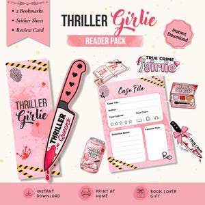 Thriller Reader Gift Printable, True Crime Bookmark Sticker Set, Book Review Card, Digital Download