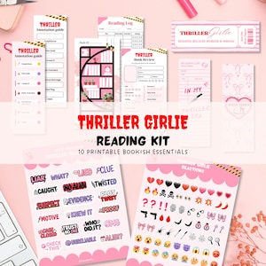 Pode incluir: Um kit de leitura Thriller Girlie com dez itens essenciais imprimíveis para livros em tons de rosa, branco e preto. A coleção inclui guias de anotação, registros de leitura, resenhas de livros, marcadores de página e adesivos com ícones de crimes.