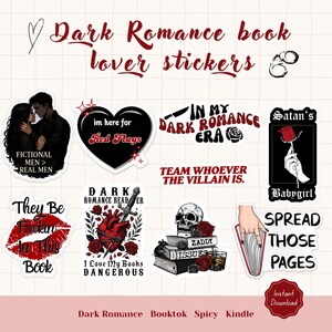 Puede incluir: Un conjunto de pegatinas para amantes de los libros de romance oscuro. Las pegatinas presentan frases como "Red Flags", "Dark Romance Era" y "Spread Those Pages". Otros diseños incluyen un corazón con una espada, una calavera y una pareja.