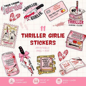 May include: A collection of eleven true crime themed stickers featuring illustrations of knives, books, a credit card, a makeup palette, and soda cans in shades of pink, red, and white. The designs include text such as True Crime Girlie, Thriller Book Club, Killer Shades, and Hot Girls Keep Case Notes.
