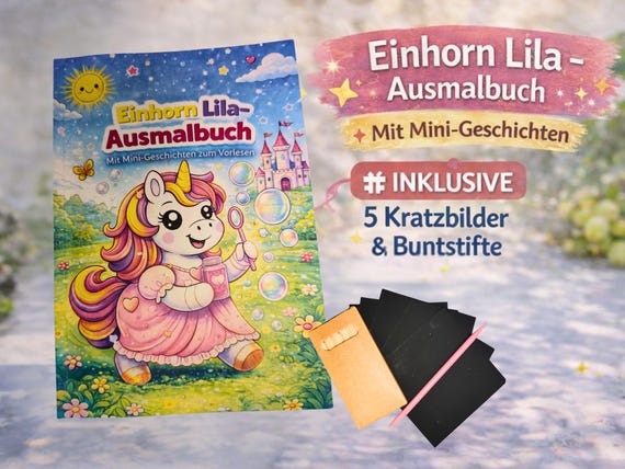 Einhorn Ausmalbuch für Kinder mit Mini-Geschichten-Malbuch Einhorn Lila- Kreativset mit Kratzbildern & Stiften- Geschenk für Mädchen