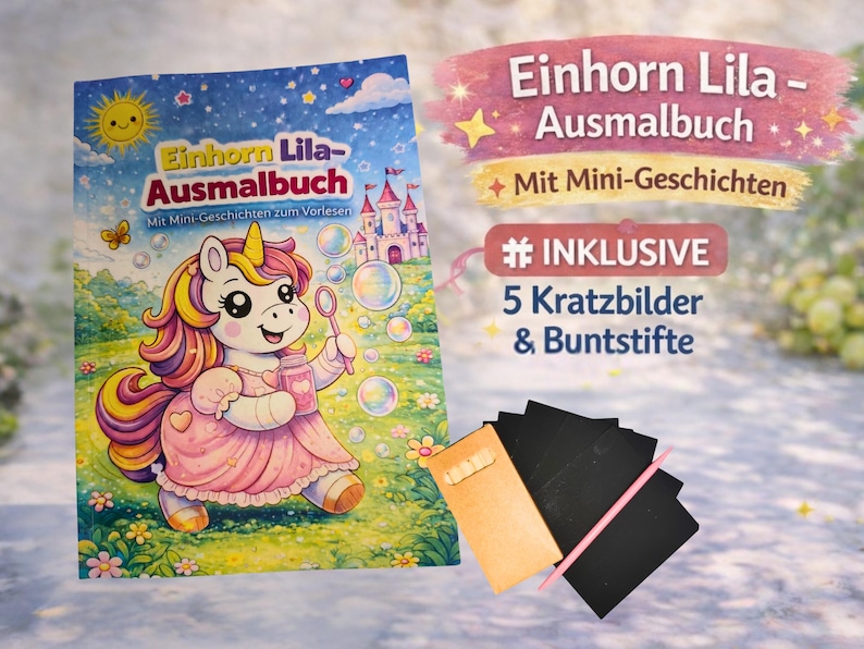 Op de afbeelding: Een kleurboek voor kinderen getiteld "Einhorn Lila-Ausmalbuch" met een cartoon eenhoorn die bellen blaast. De omslag bevat een kasteel, een zon en sterren. De afbeelding toont ook krasplaten en kleurpotloden.